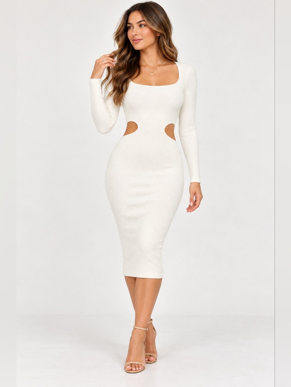 Abercrombie & Fitch Cream Rib-Knit Cutout Midi Dress